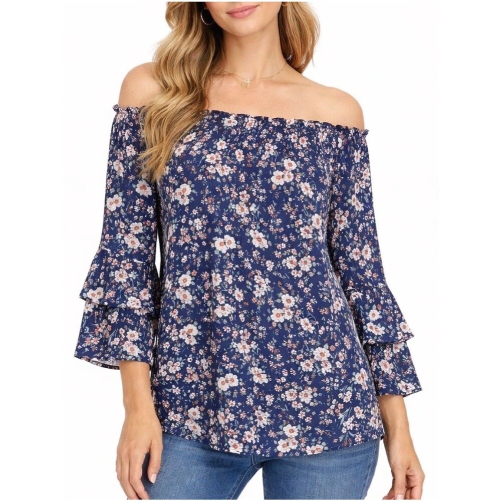 Apt 9 | Petite Navy Mesh Floral Print Peasant Top | PXL